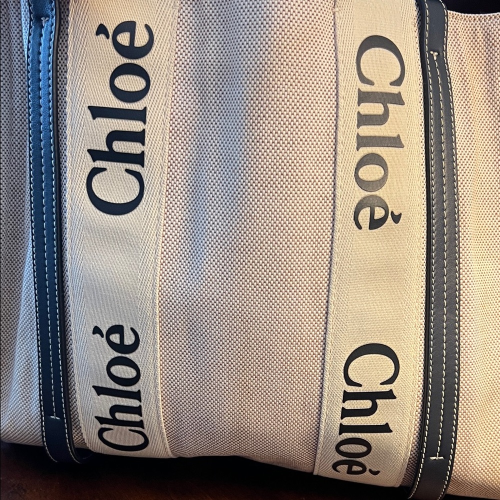 Authentic CHLOÉ Beige and Navy/black Leather Trim Canvas Tote Bag - Picture 17 of 17